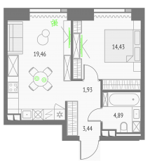 ЖК «Upside Towers», планировка 1-комнатной квартиры, 44.15 м²