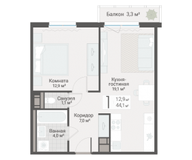 ЖК «Руднева, 15», планировка 1-комнатной квартиры, 44.10 м²