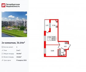 ЖК «Парадный ансамбль», планировка 1-комнатной квартиры, 36.64 м²