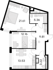 ЖК «GloraX Premium Василеостровский», планировка 2-комнатной квартиры, 66.70 м²
