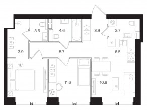 ЖК «Мангазея на Тульской», планировка 2-комнатной квартиры, 65.20 м²