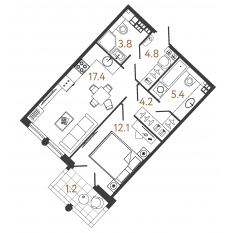ЖК «Миръ», планировка 1-комнатной квартиры, 47.70 м²