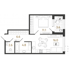 ЖК «Струны», планировка 1-комнатной квартиры, 41.10 м²