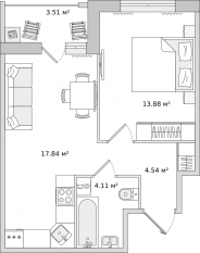 ЖК ЦДС «Dreamline», планировка 1-комнатной квартиры, 40.00 м²