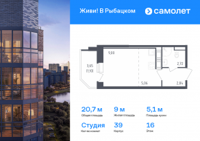 ЖК «Живи! В Рыбацком», планировка студии, 20.72 м²