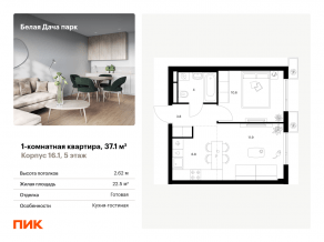 ЖК «Белая Дача парк», планировка 1-комнатной квартиры, 37.10 м²