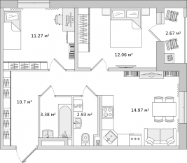 ЖК «Город Первых», планировка 2-комнатной квартиры, 57.98 м²