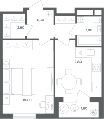 МФК «Равновесие», планировка 1-комнатной квартиры, 44.40 м²