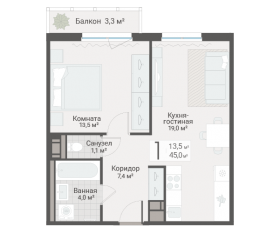 ЖК «Руднева, 15», планировка 1-комнатной квартиры, 45.00 м²