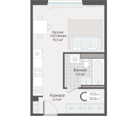ЖК «Руднева, 15», планировка студии, 30.80 м²