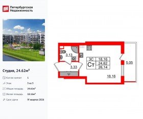 ЖК «Парадный ансамбль», планировка студии, 24.62 м²