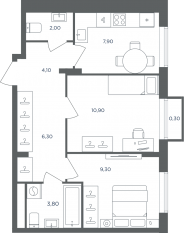 МФК «Равновесие», планировка 2-комнатной квартиры, 43.80 м²
