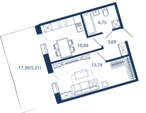 Апарт-комплекс «Bereg. Курортный», планировка 1-комнатной квартиры, 39.86 м²