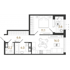 ЖК «Струны», планировка 1-комнатной квартиры, 39.90 м²