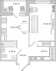 ЖК ЦДС «Dreamline», планировка 1-комнатной квартиры, 38.93 м²