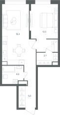 МФК «Равновесие», планировка 2-комнатной квартиры, 46.00 м²