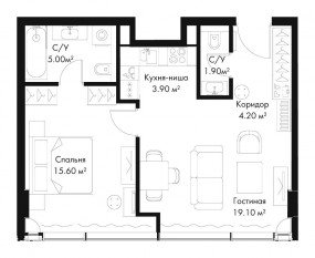 МФК «SLAVA», планировка 1-комнатной квартиры, 49.70 м²