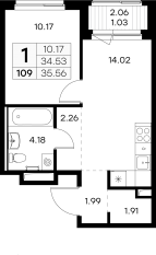ЖК «GloraX Новоселье», планировка 1-комнатной квартиры, 35.56 м²