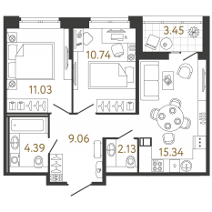 ЖК «Ultra City 3.0», планировка 2-комнатной квартиры, 52.69 м²