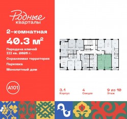 ЖК «Родные кварталы», планировка 2-комнатной квартиры, 40.30 м²