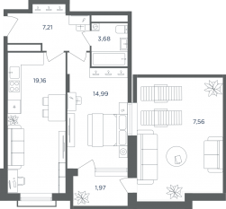 МФК «Равновесие», планировка 2-комнатной квартиры, 54.60 м²