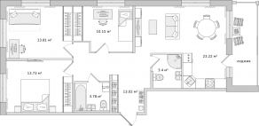 ЖК ЦДС «Dreamline», планировка 3-комнатной квартиры, 89.33 м²