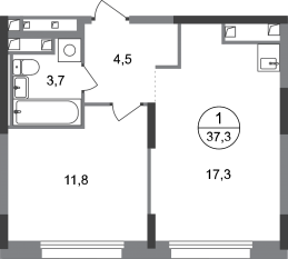 ЖК «Переделкино Ближнее», планировка 1-комнатной квартиры, 37.30 м²