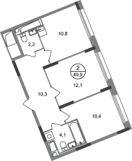 ЖК «Переделкино Ближнее», планировка 2-комнатной квартиры, 49.90 м²