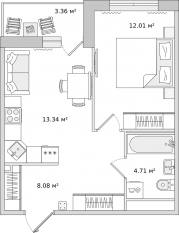 ЖК «Parkolovo», планировка 1-комнатной квартиры, 37.60 м²