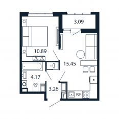 ЖК «Полис Приморский 2», планировка 1-комнатной квартиры, 33.40 м²