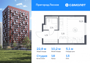 ЖК «Пригород Лесное», планировка студии, 22.80 м²