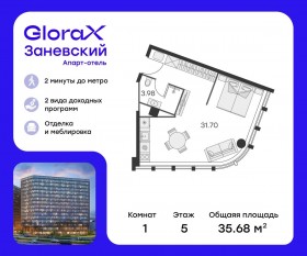 Апарт-комплекс «GloraX Заневский», планировка студии, 35.70 м²