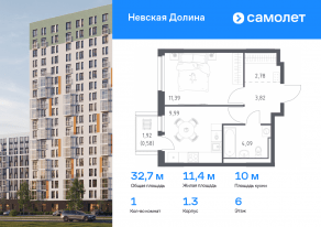 ЖК «Невская Долина», планировка 1-комнатной квартиры, 32.65 м²