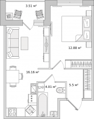ЖК ЦДС «Dreamline», планировка 1-комнатной квартиры, 41.93 м²