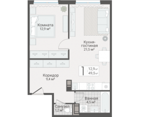 ЖК «Руднева, 15», планировка 1-комнатной квартиры, 49.50 м²