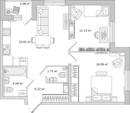 ЖК «Город Первых», планировка 2-комнатной квартиры, 62.04 м²