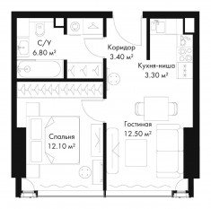 МФК «SLAVA», планировка 1-комнатной квартиры, 38.10 м²