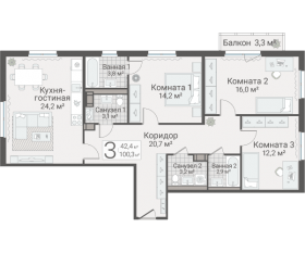 ЖК «Руднева, 15», планировка 3-комнатной квартиры, 100.30 м²