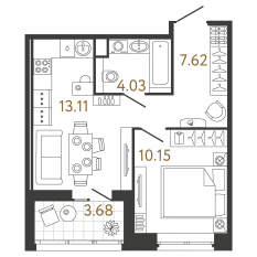 ЖК «Ultra City 3.0», планировка 1-комнатной квартиры, 34.91 м²