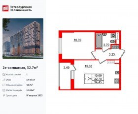 ЖК «Город звезд», планировка 1-комнатной квартиры, 32.70 м²