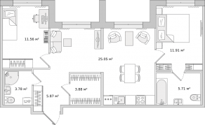 ЖК ЦДС «Dreamline», планировка 2-комнатной квартиры, 66.00 м²