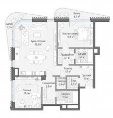ЖК Дом «Лаврушинский», планировка 2-комнатной квартиры, 124.70 м²