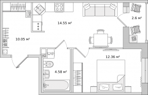 ЖК «Город Первых», планировка 1-комнатной квартиры, 44.14 м²