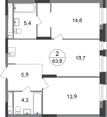 ЖК «Первый Московский», планировка 2-комнатной квартиры, 63.80 м²
