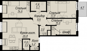 ЖК «Meltzer Hall», планировка 3-комнатной квартиры, 98.20 м²
