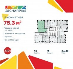 ЖК «Деснаречье», планировка 3-комнатной квартиры, 75.30 м²