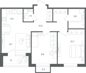 МФК «Равновесие», планировка 3-комнатной квартиры, 49.70 м²
