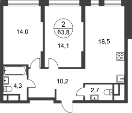 ЖК «Переделкино Ближнее», планировка 2-комнатной квартиры, 63.80 м²