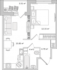 ЖК ЦДС «Dreamline», планировка 1-комнатной квартиры, 36.90 м²