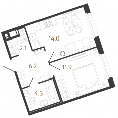 ЖК «Литера», планировка 1-комнатной квартиры, 38.50 м²
